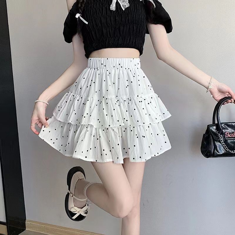 Skirt Waist Mini Elastic Ruffle A-Line Dotted