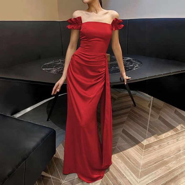 Evening Satin Ruffle Gown Trim Ruched Sheath Plain Off-Shoulder