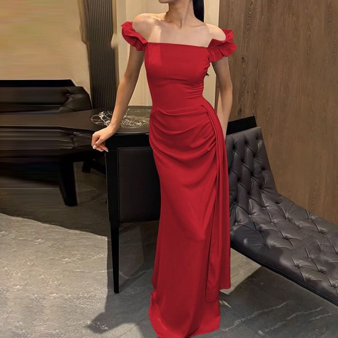 Evening Satin Ruffle Gown Trim Ruched Sheath Plain Off-Shoulder