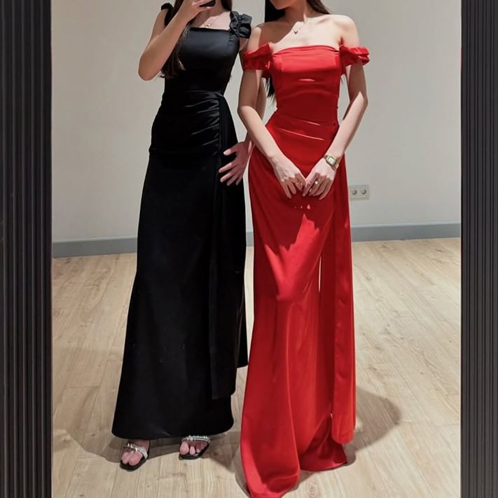 Evening Satin Ruffle Gown Trim Ruched Sheath Plain Off-Shoulder