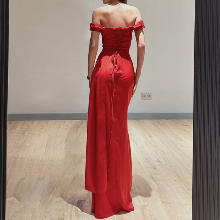 Evening Satin Ruffle Gown Trim Ruched Sheath Plain Off-Shoulder