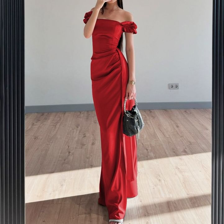 Evening Satin Ruffle Gown Trim Ruched Sheath Plain Off-Shoulder