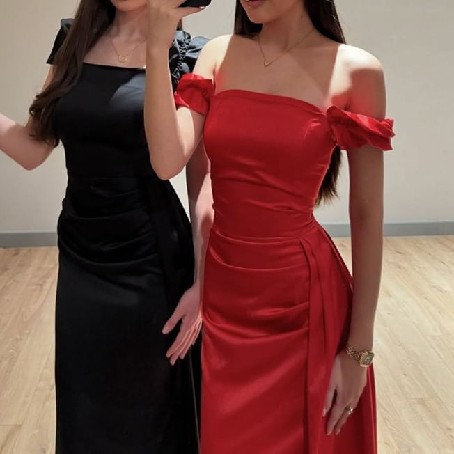 Evening Satin Ruffle Gown Trim Ruched Sheath Plain Off-Shoulder