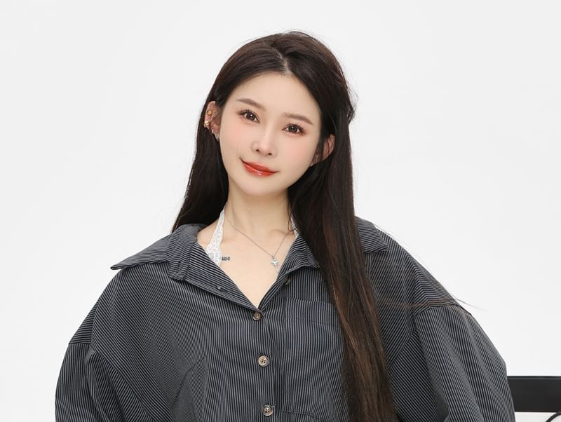 Lace Shirt Striped Oversized Trim Long-Sleeve Front Top / Plain Pocket Camisole