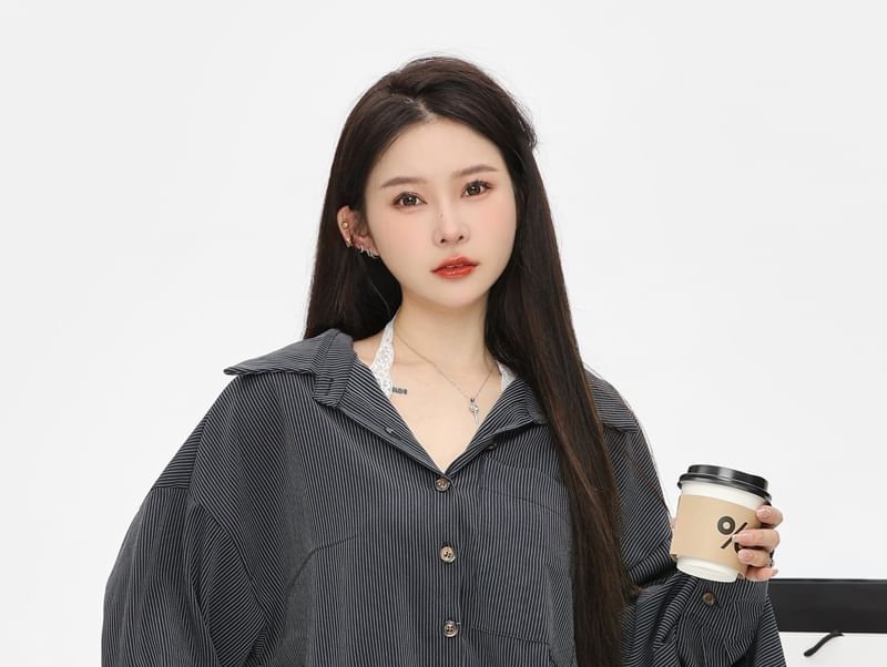 Lace Shirt Striped Oversized Trim Long-Sleeve Front Top / Plain Pocket Camisole