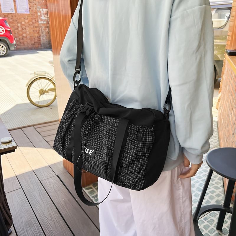 Plaid Drawstring Panel Buckled Bag Crossbody