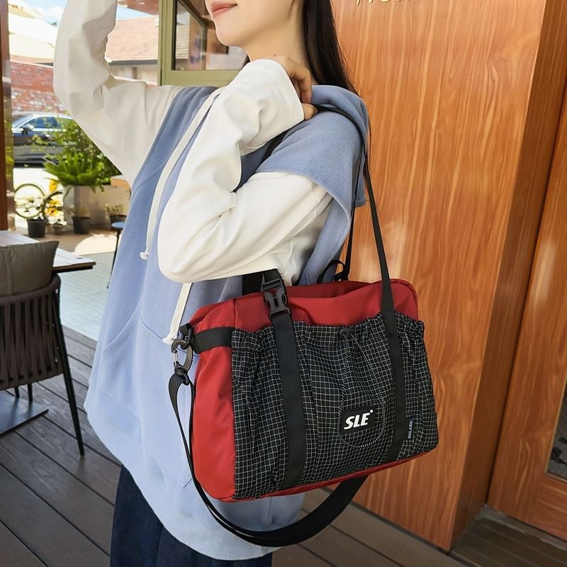 Plaid Drawstring Panel Buckled Bag Crossbody