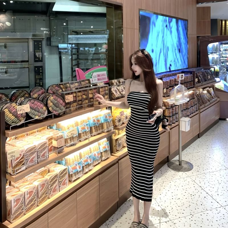 Striped Dress Sheath Tube Midi