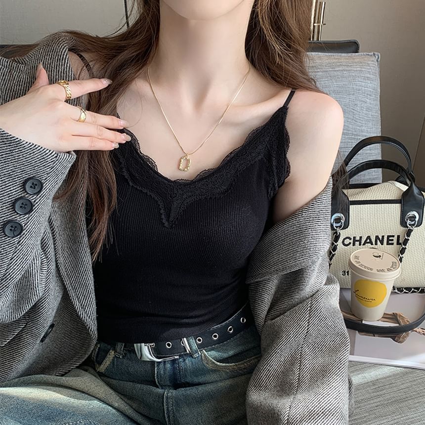 Camisole Plain Ribbed Trim Top Padded Lace