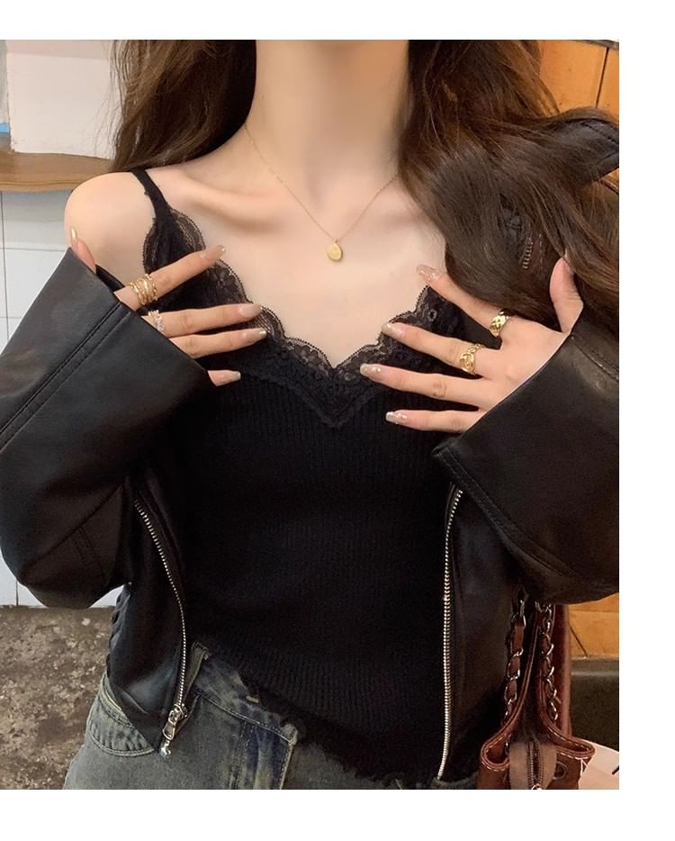 Camisole Plain Ribbed Trim Top Padded Lace