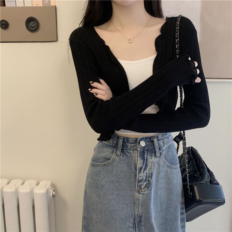 Plain Edge Front Open Crop Lettuce Cardigan