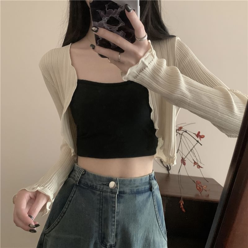 Plain Edge Front Open Crop Lettuce Cardigan