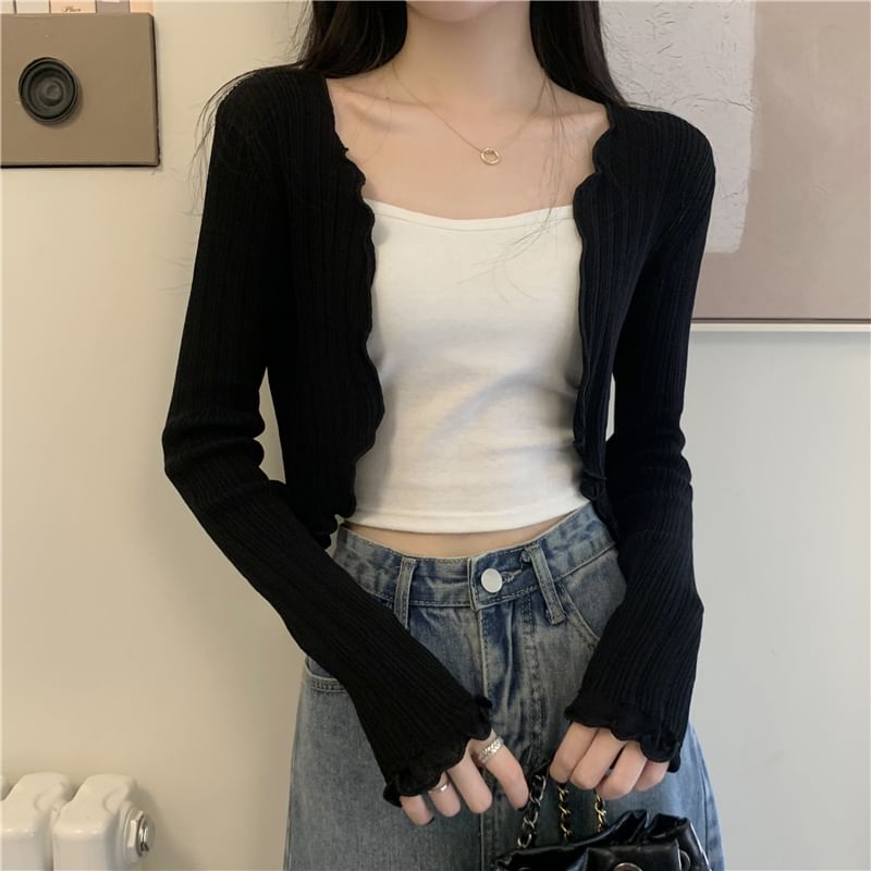 Plain Edge Front Open Crop Lettuce Cardigan