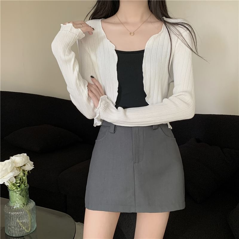 Plain Edge Front Open Crop Lettuce Cardigan