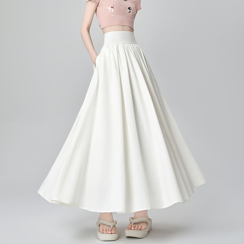 Skirt Midi A-Line High Waist Plain Pleated