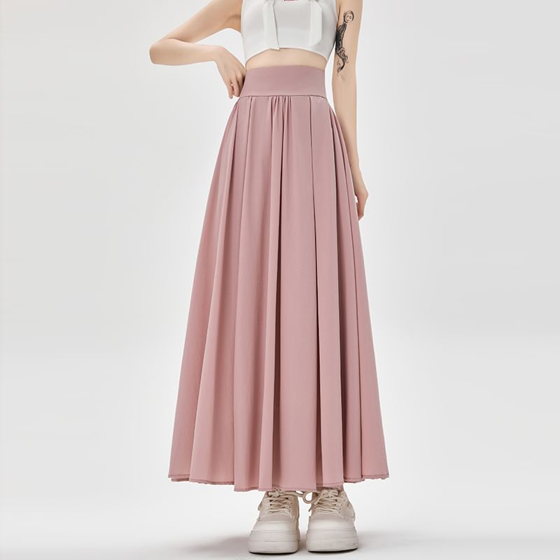 Skirt Midi A-Line High Waist Plain Pleated