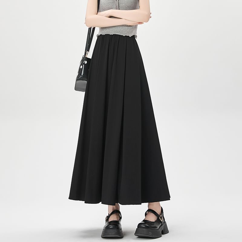 Skirt Midi A-Line High Waist Plain Pleated
