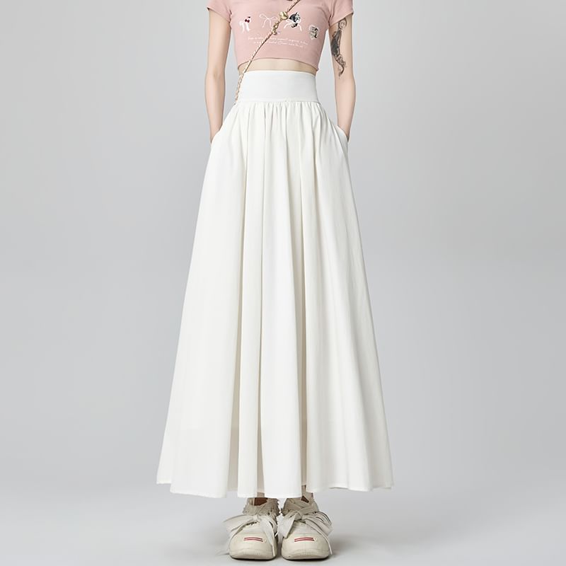 Skirt Midi A-Line High Waist Plain Pleated