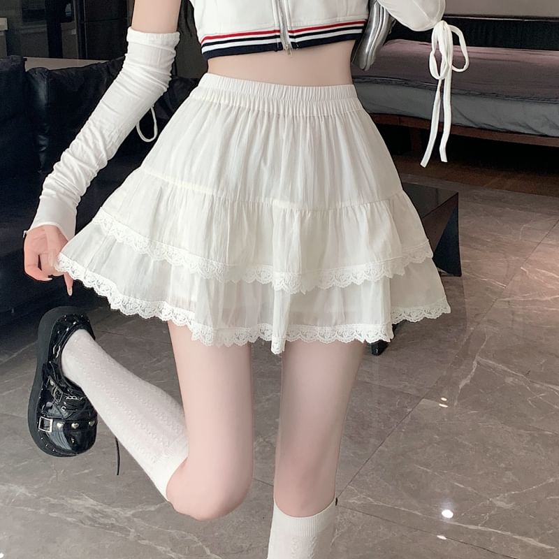 Skirt Mini Elastic A-Line Balletcore Lace Trim Waist Plain Tiered
