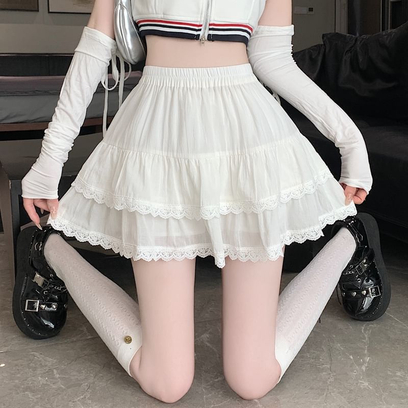 Skirt Mini Elastic A-Line Balletcore Lace Trim Waist Plain Tiered