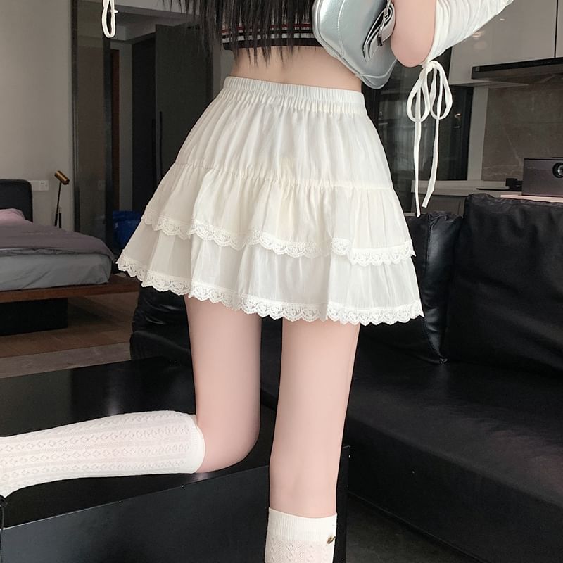 Skirt Mini Elastic A-Line Balletcore Lace Trim Waist Plain Tiered