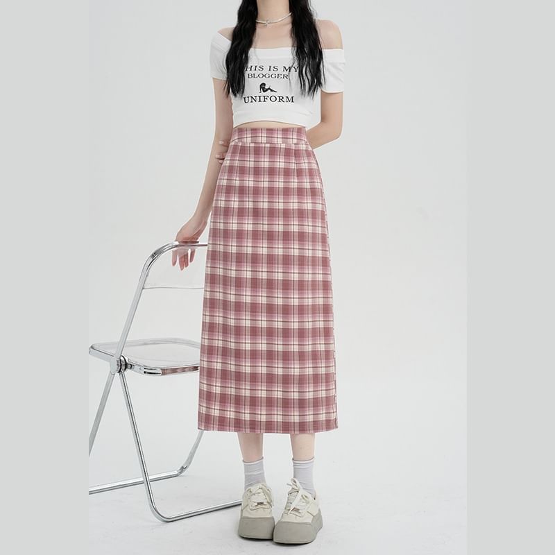 Plaid Skirt Slit Waist H-Line Midi High