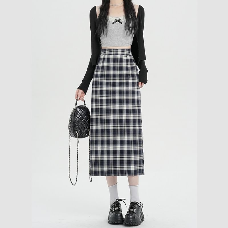 Plaid Skirt Slit Waist H-Line Midi High