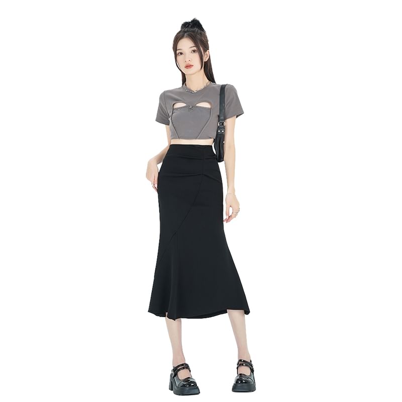 Plain Midi Skirt Fishtail Waist Ruched High
