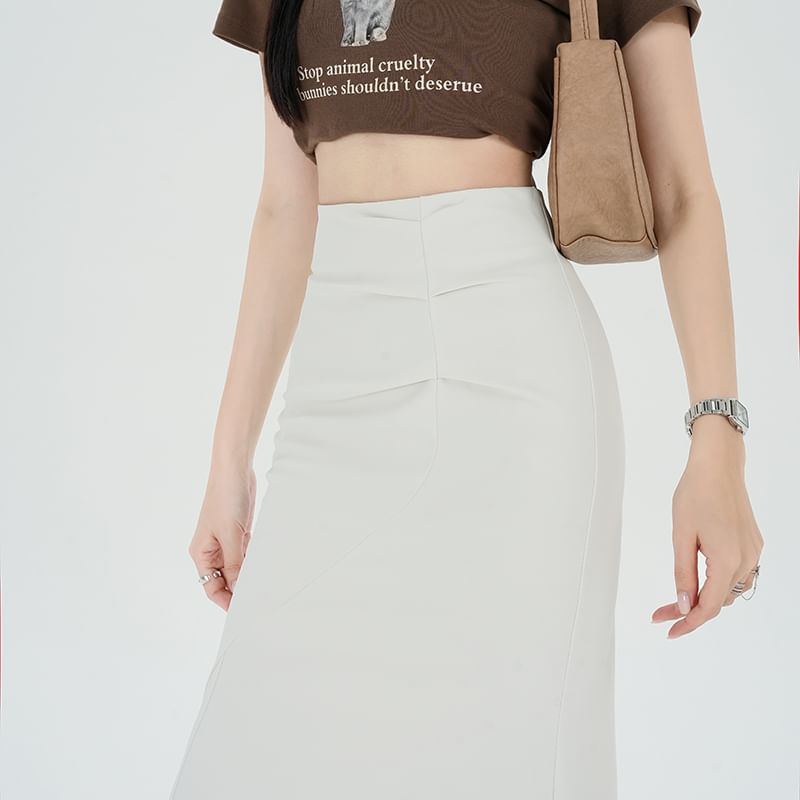 Plain Midi Skirt Fishtail Waist Ruched High
