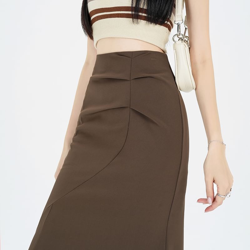 Plain Midi Skirt Fishtail Waist Ruched High