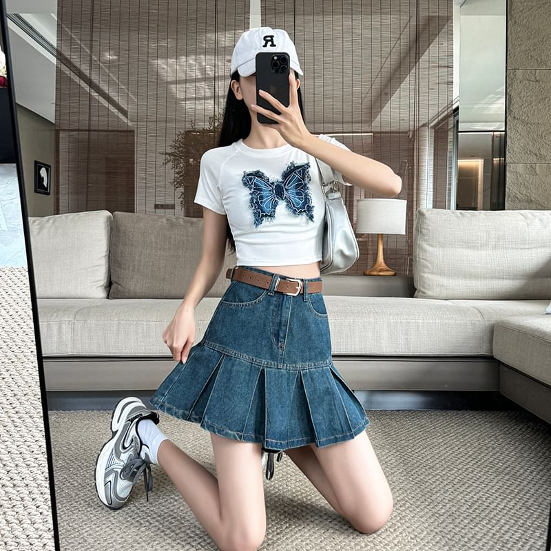 Denim Rise Pleated High Skirt Mini A-Line