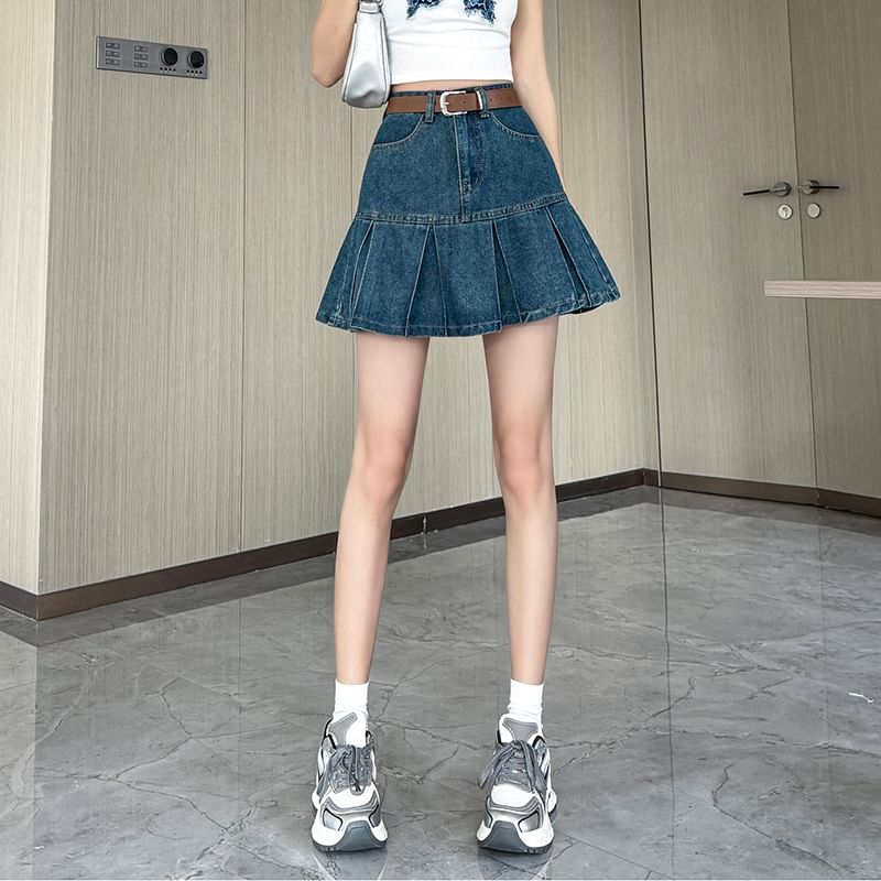 Denim Rise Pleated High Skirt Mini A-Line
