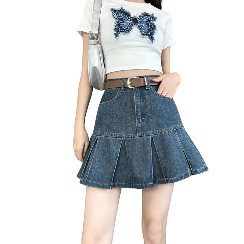 Denim Rise Pleated High Skirt Mini A-Line