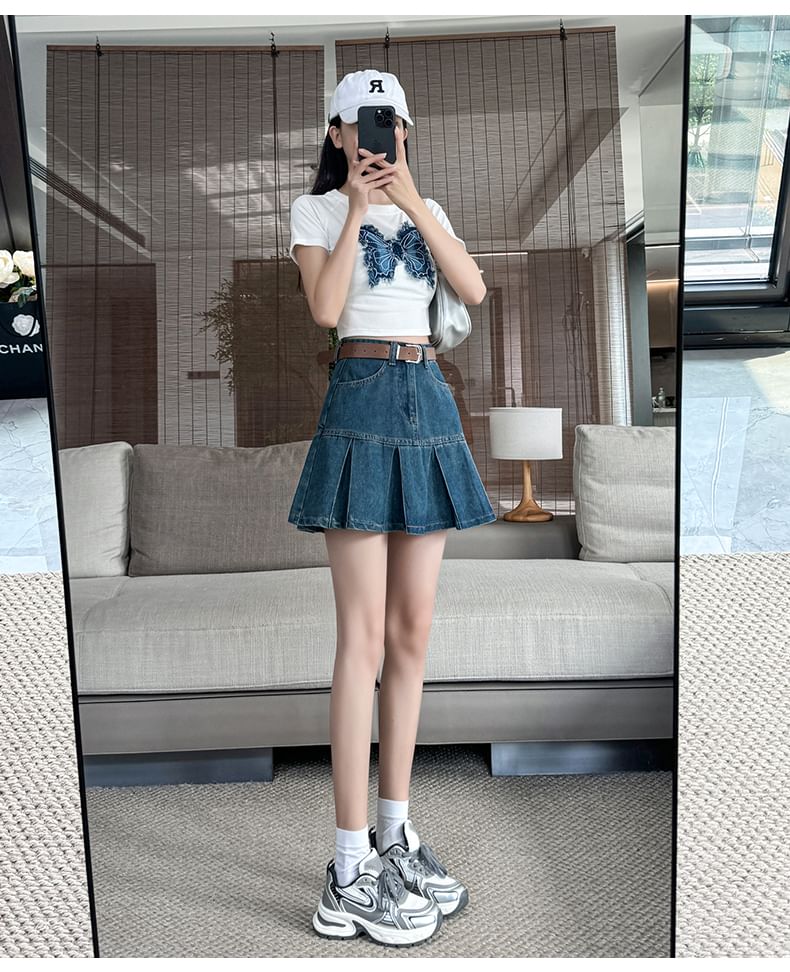 Denim Rise Pleated High Skirt Mini A-Line