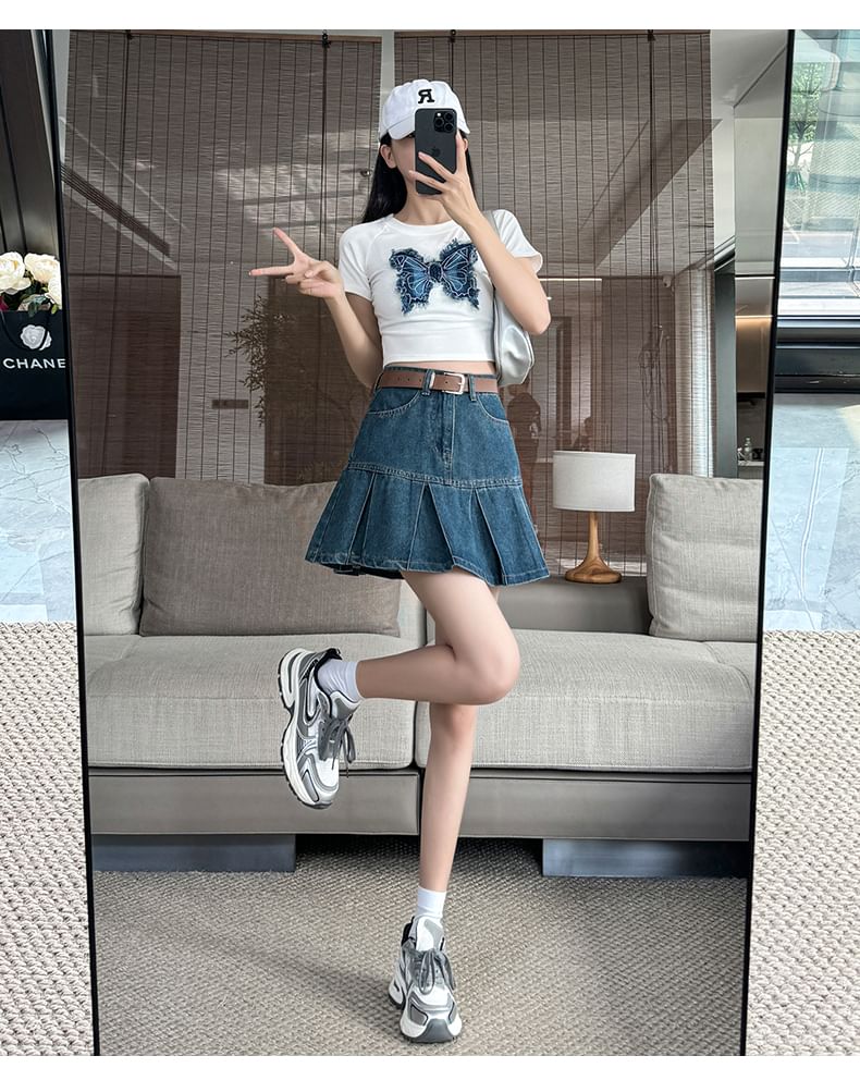 Denim Rise Pleated High Skirt Mini A-Line