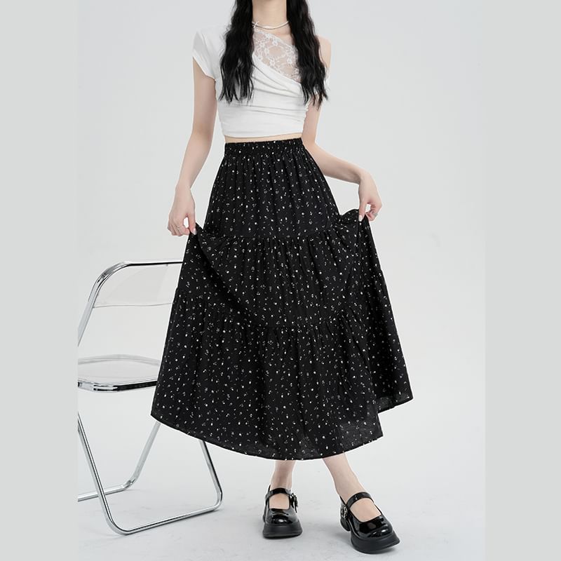 Skirt A-Line Elastic Midi Floral Waist Tiered