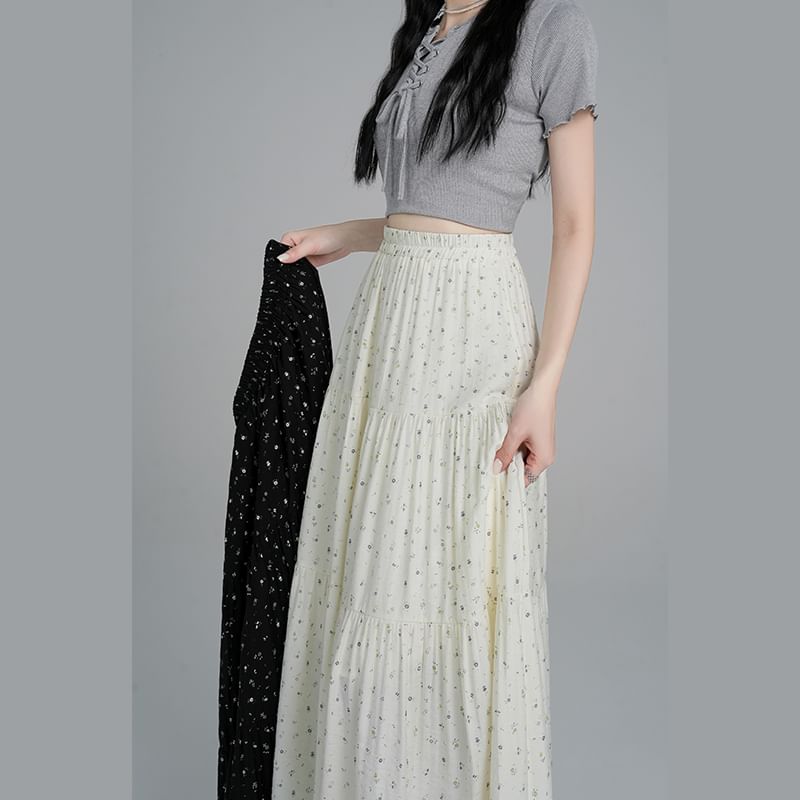 Skirt A-Line Elastic Midi Floral Waist Tiered