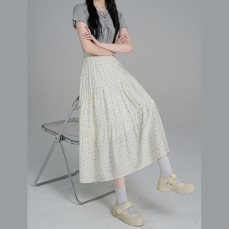 Skirt A-Line Elastic Midi Floral Waist Tiered