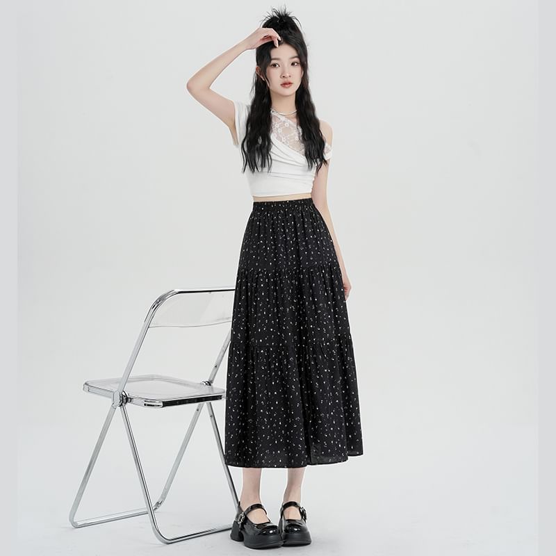 Skirt A-Line Elastic Midi Floral Waist Tiered