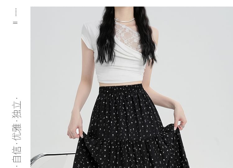 Skirt A-Line Elastic Midi Floral Waist Tiered