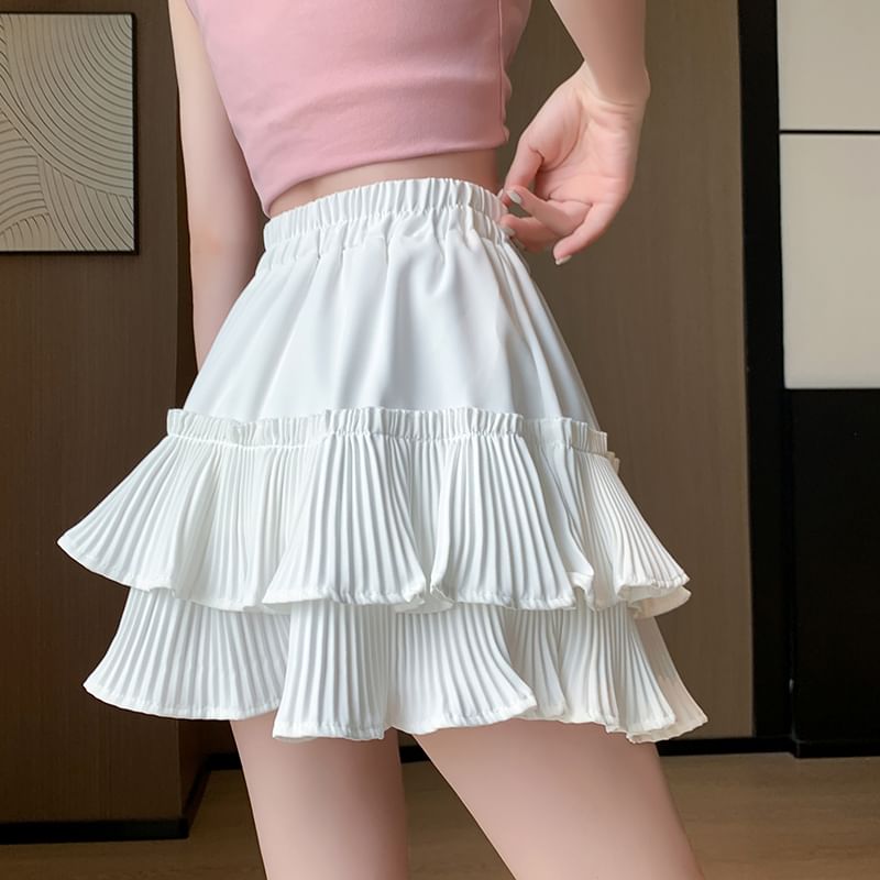 Waist A-Line Accordion Skirt Mini Elastic Pleated Plain Tiered