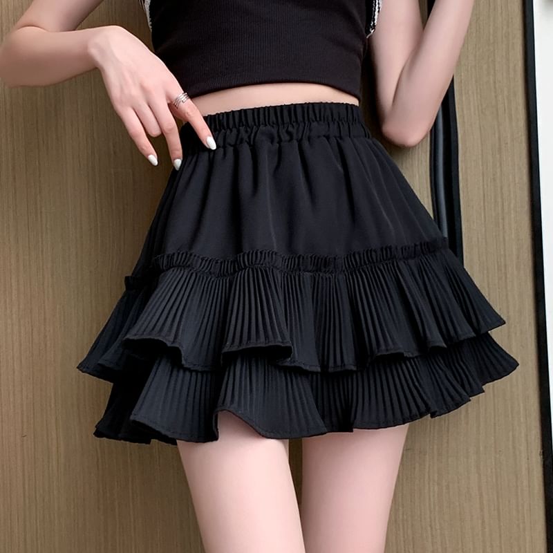 Waist A-Line Accordion Skirt Mini Elastic Pleated Plain Tiered