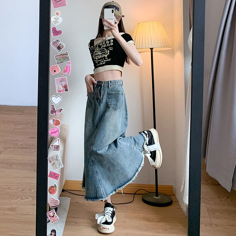 Waist Skirt Midi High Denim A-Line Fringed