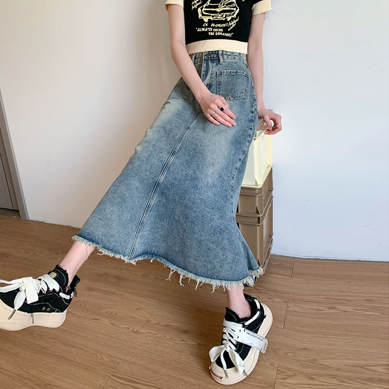 Waist Skirt Midi High Denim A-Line Fringed