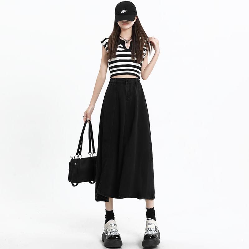 Plain Skirt Rise High Midi A-Line Denim
