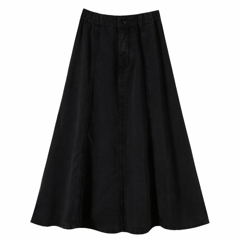 Plain Skirt Rise High Midi A-Line Denim