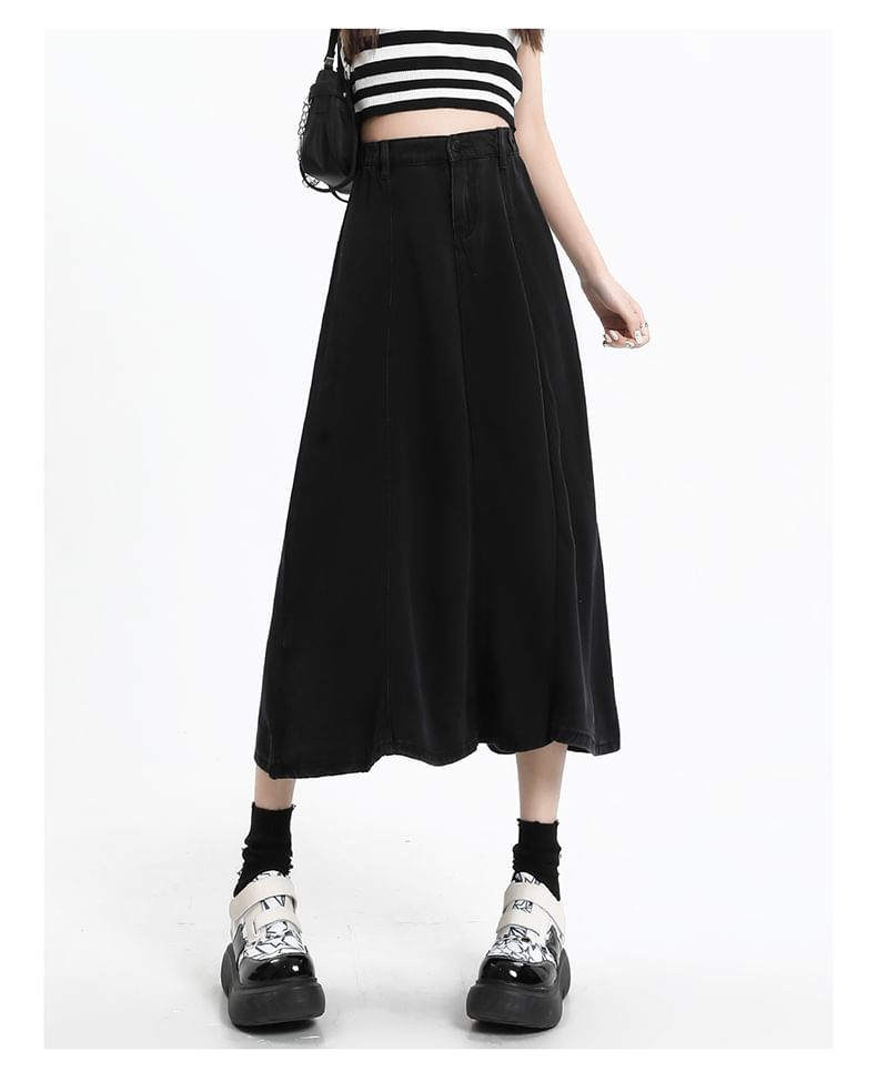 Plain Skirt Rise High Midi A-Line Denim