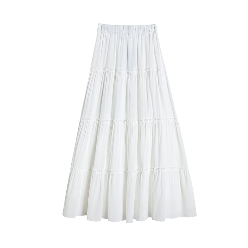 Maxi Skirt Tiered Elastic Waist A-Line Plain