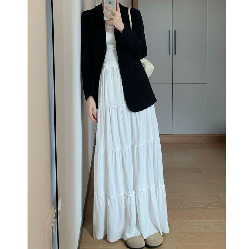 Maxi Skirt Tiered Elastic Waist A-Line Plain
