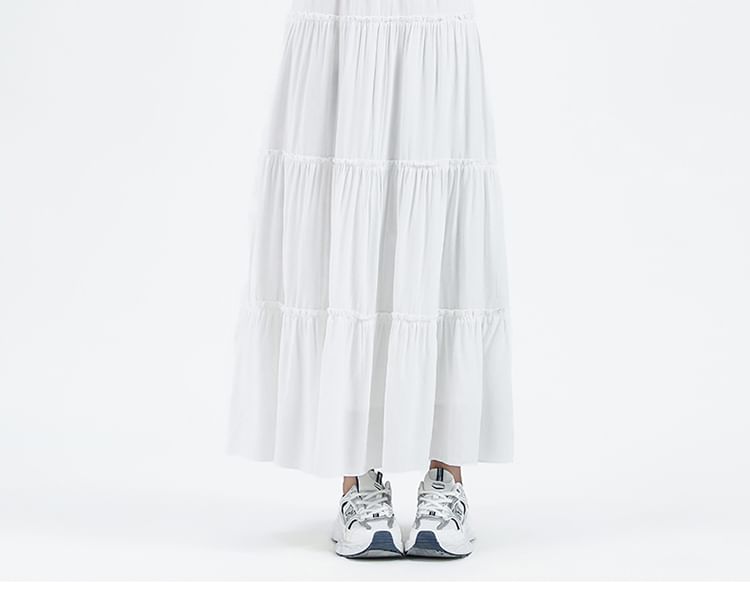 Maxi Skirt Tiered Elastic Waist A-Line Plain